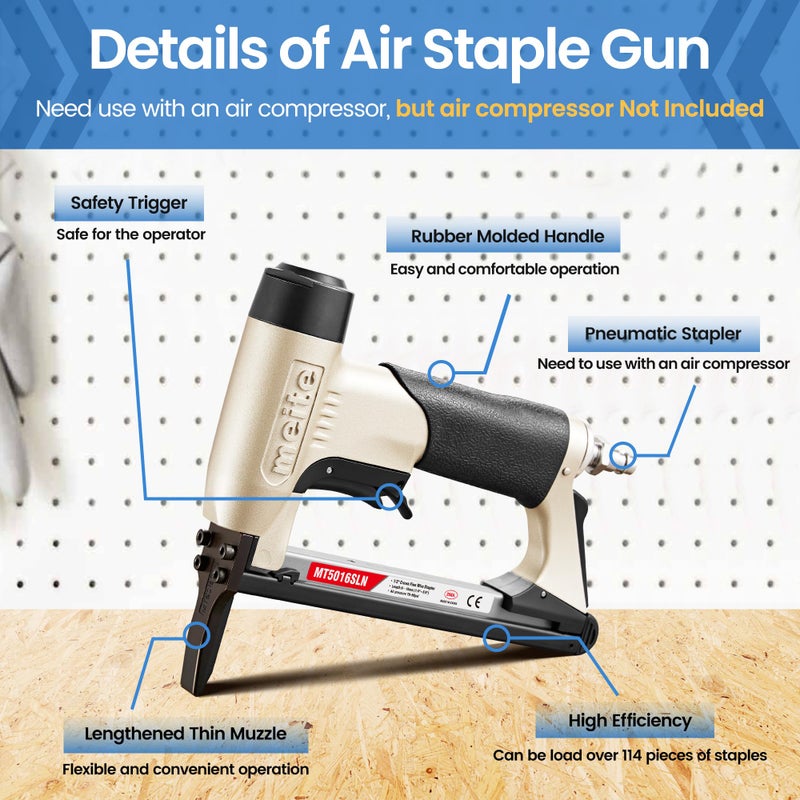 meite Upholstery Staple Gun with Extended Nose &Safety Trigger for 20 Gauge 1/2-Inch Crown Staples, Heavy-Duty Pneumatic Stapler for Woodworking and Decoration DIY Projects (Model MT5016SLN) - Image 5